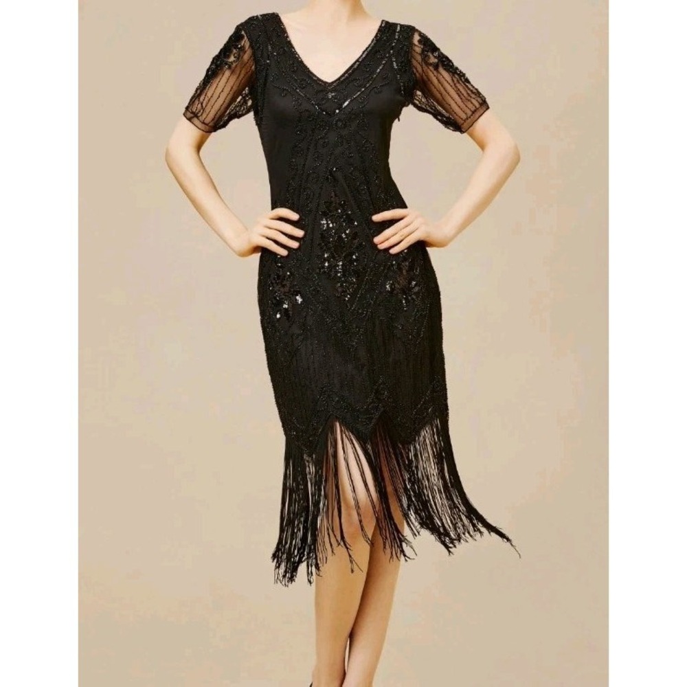 Black Sequin Gatsby Flapper Dress 4XL Fringed Vintage 1920's Babeyond